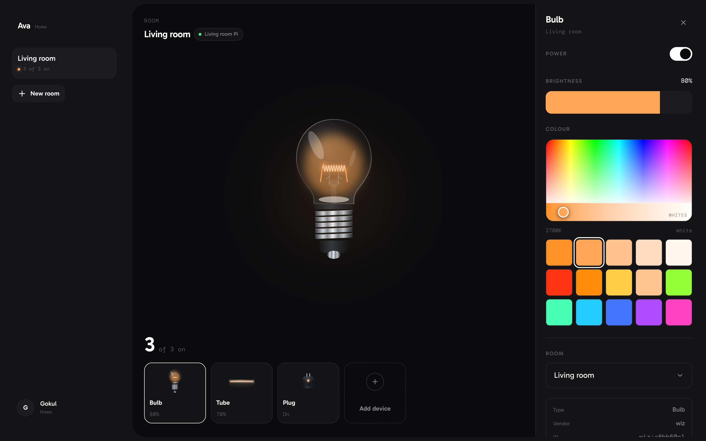 Device panel — controls built from the traits the bulb declares