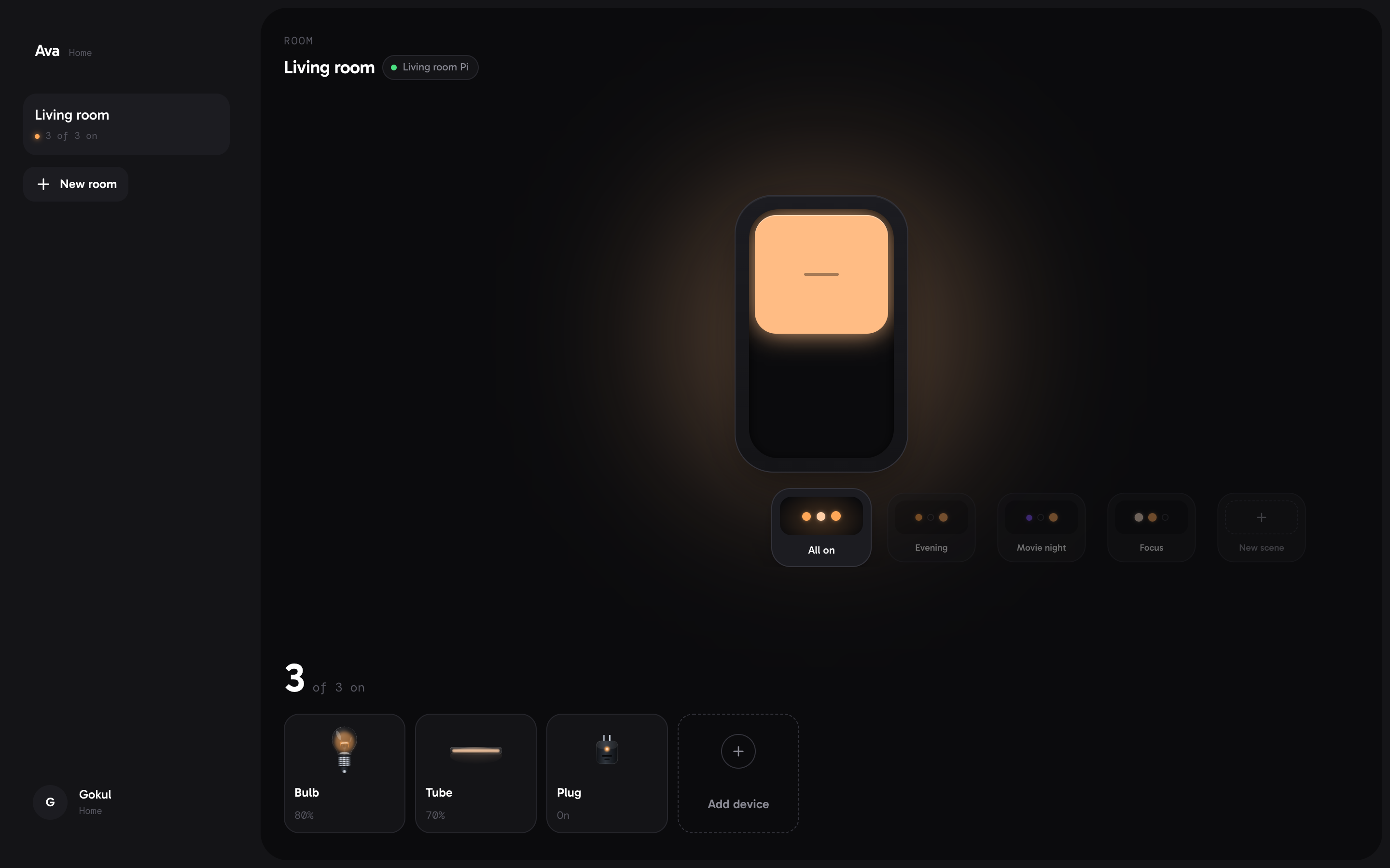 A room — one switch for every light, with saved scenes beneath it